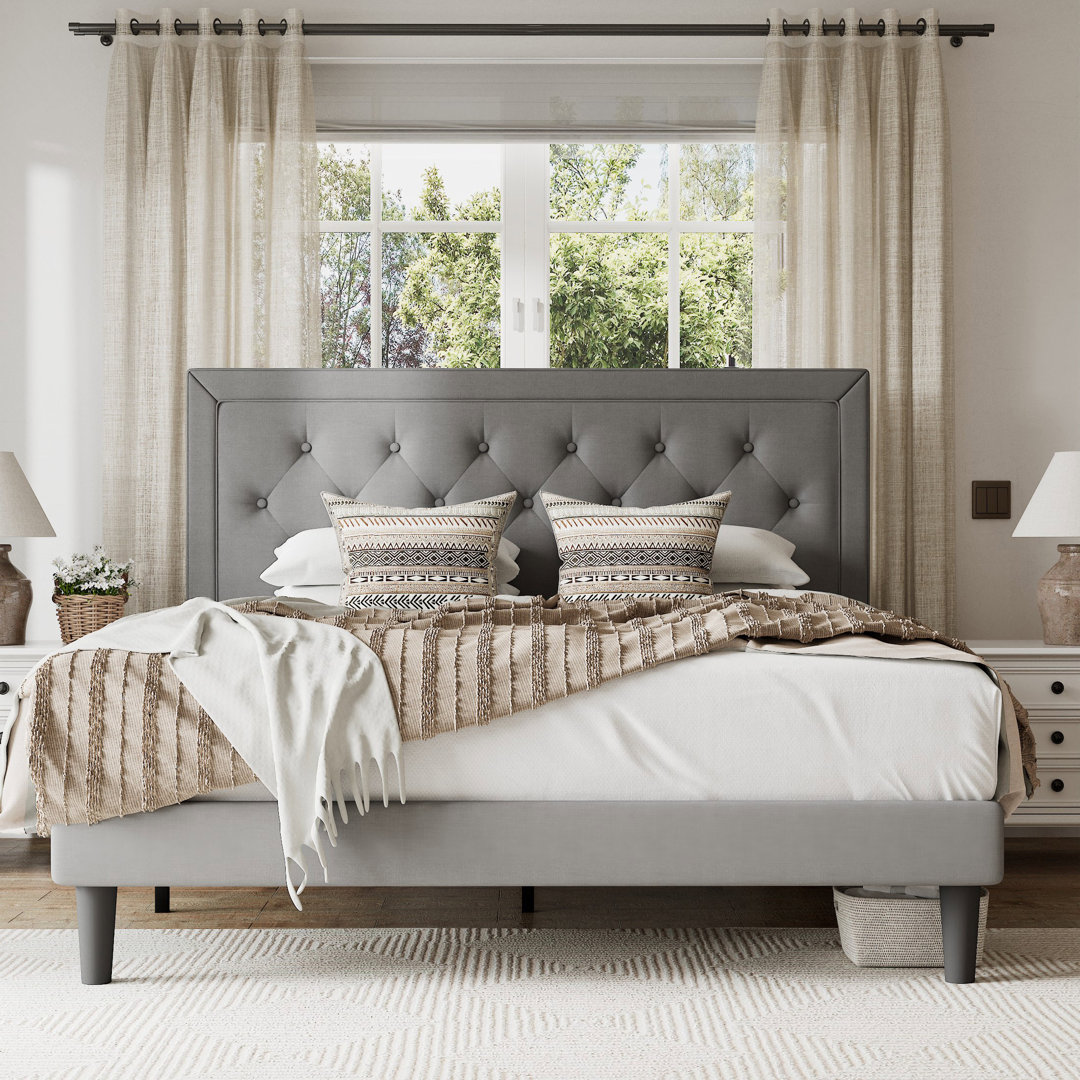Hegg Linen Tufted Upholstered Platform Bed with Wood Slats Headboard Included